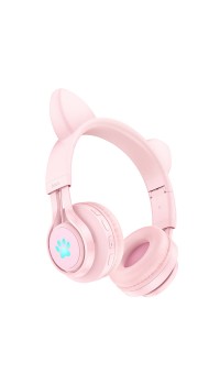 Наушники Hoco W39 Cat Ear Bluetooth с кошачьими ушками и LED подсветкой Розовый